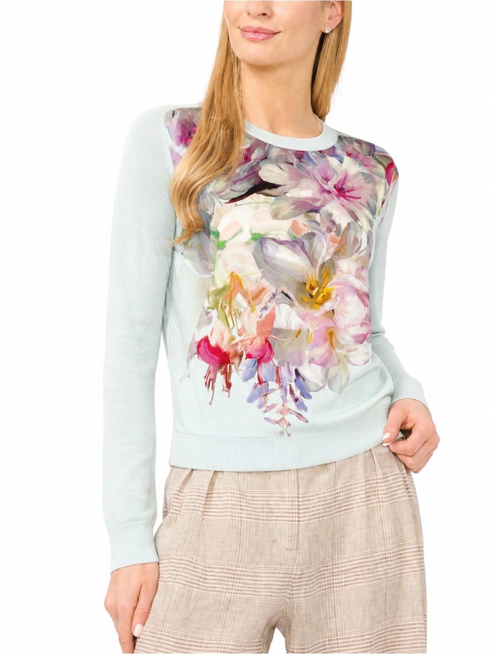 Ted Baker Gertie Hanging Gardens Floral Silk Blend Sweater Mint UK 3 US 8 M 90s - Picture 2 of 15